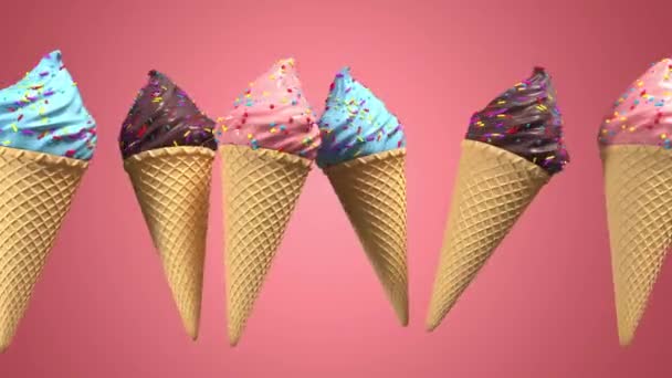 3D realistic ice cream with waffel cone and decorative sprinkles rotating on pastel background. Green screen footage. 4K seamless loop render animation. - Footage, Video