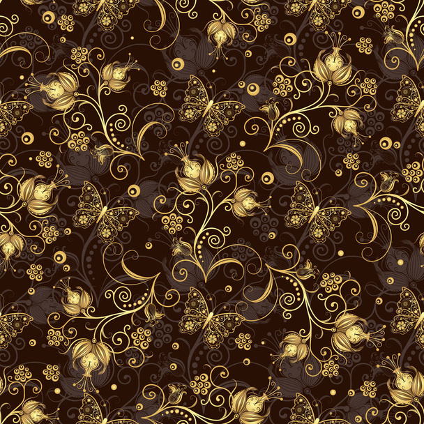 Seamless pattern with golden flowers and lace butterflies  - Вектор, зображення