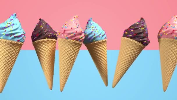 3D realistická zmrzlina s vaflovým kuželem a ozdobnými posychovými barvami na pastelových podkladích. Zelený záběr na obrazovku. 4k plynulá smyčka vykreslení animace. - Záběry, video