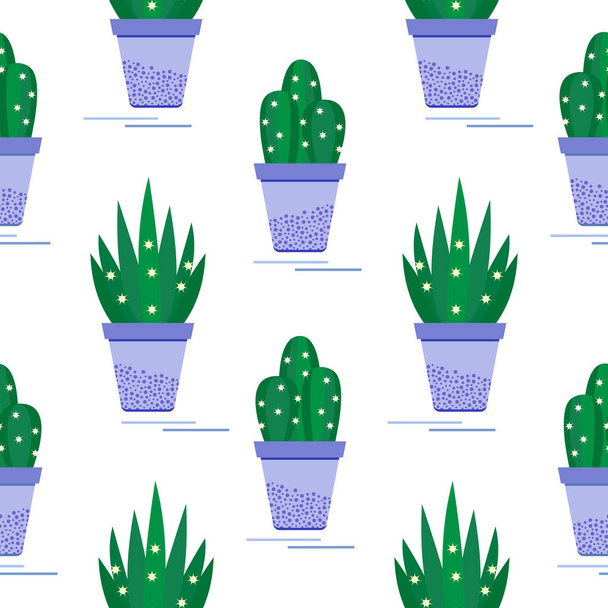 Seamless pattern with potted cactus, succulents. - Vector, Image
