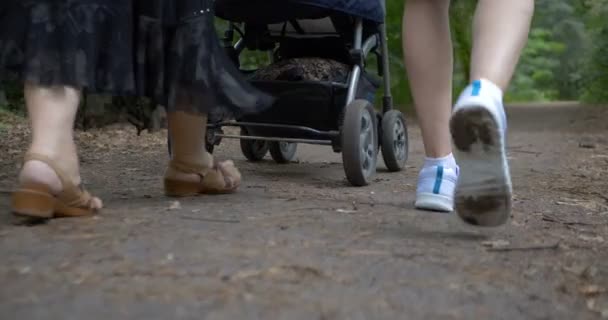 Wheels of a buggy, young and old woman s feet following them in forestin slo-mo - Footage, Video