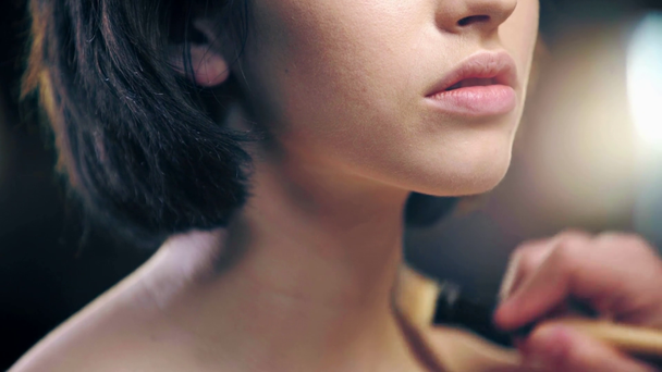 Ausgeschnittene Ansicht von Make-up-Artist, der mit Kosmetikpinsel Fundament auf Modell-Hals aufträgt - Filmmaterial, Video