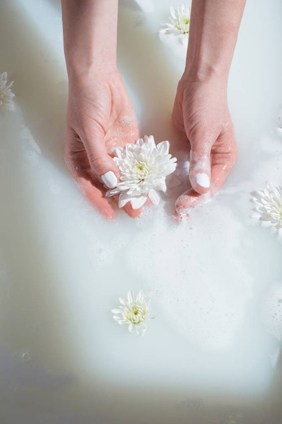 foto mãos femininas segurando flor branca em um banho de leite com espuma
 - Foto, Imagem