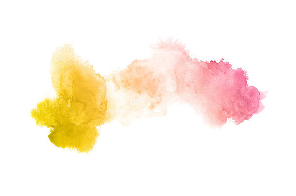 Abstract watercolor background image with a liquid splatter of aquarelle paint, isolated on white. Pink and yellow tones - Foto, Bild