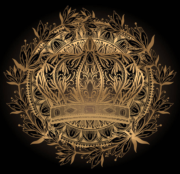 Korona király és királyné elegáns rajzművészet. Aranyszínű fekete háttér. - Vektor, kép