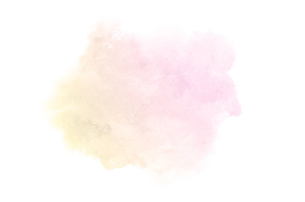 Abstract watercolor background image with a liquid splatter of aquarelle paint, isolated on white. Pink and yellow tones - Photo, Image