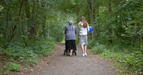 ältere und junge Frauen, die mit einem Babywagen im Slo-mo in einen grünen Wald fahren - Filmmaterial, Video