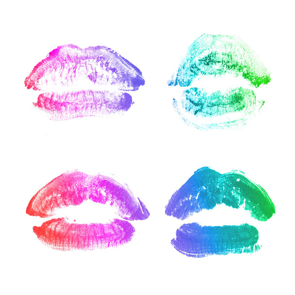 Female lips lipstick kiss print set for valentine day isolated on white. Rainbow color - Photo, Image