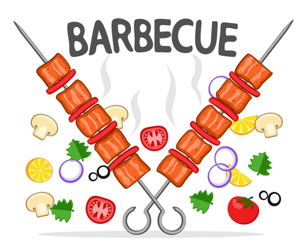 Two skewers with grilled kebab and vegetables on a white. Barbecue - Vector, Image