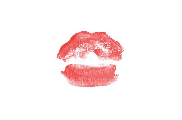 Lipstick kiss mark on white background. Beautiful lips isolated. Red color - Photo, Image