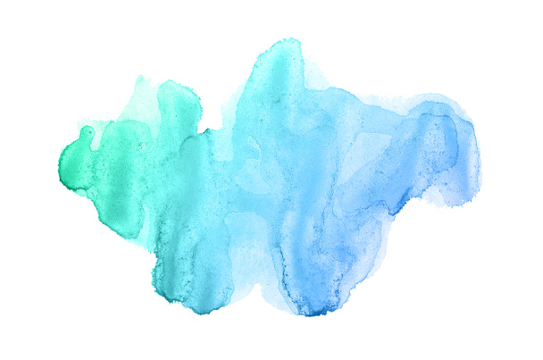 Abstract aquarel achtergrondafbeelding met een vloeibare Splatter van Aquarelle verf, geïsoleerd op wit. Blauwe en turquoise pasteltinten - Foto, afbeelding