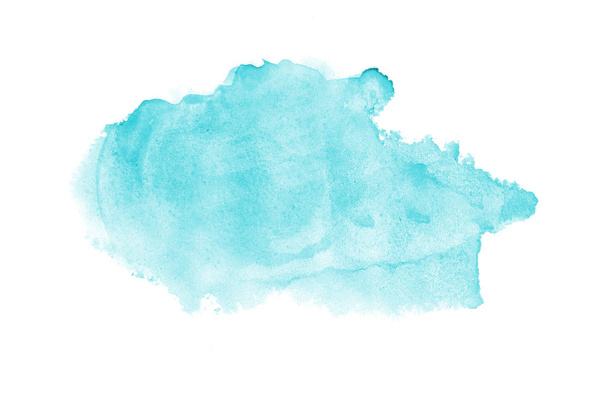 白に隔離されたアクアレル塗料の液体スプラッタを持つ抽象的な水彩の背景画像。ライトブルーのトーン - 写真・画像