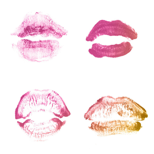 女性の唇の口紅のキスプリントは、白で隔離されたバレンタインデーのために設定されています。ブロンズ色 - 写真・画像