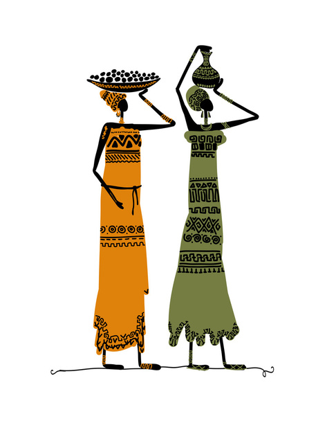 Hand drawn sketch of ethnic women with jugs - Vector, afbeelding
