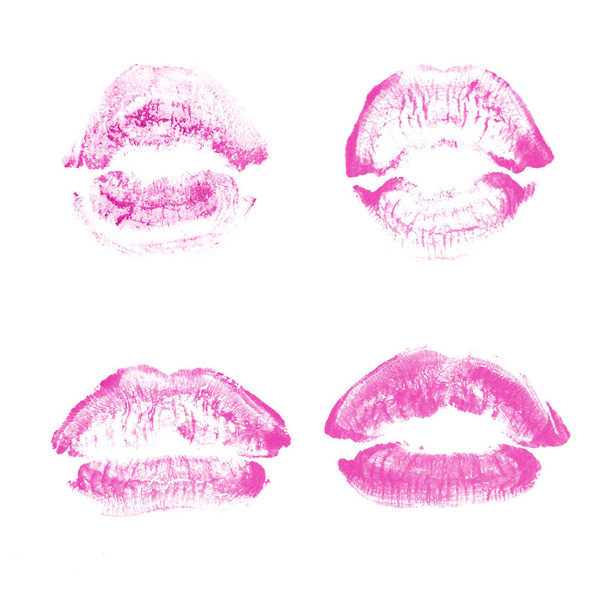 Female lips lipstick kiss print set for valentine day isolated on white. Pink color - Photo, Image