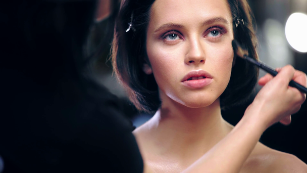 make-up artiest poederde model gezicht met cosmetische borstel - Video