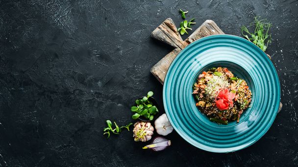 Risotto with veal and vegetables. Rice. In the plate. Top view. Free space for your text. Rustic style. - Фото, изображение