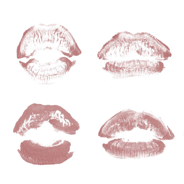 Kadın dudakları ruj öpücük baskı sevgililer günü için beyaz izole ayarlayın. Koyu kırmızı renk - Fotoğraf, Görsel
