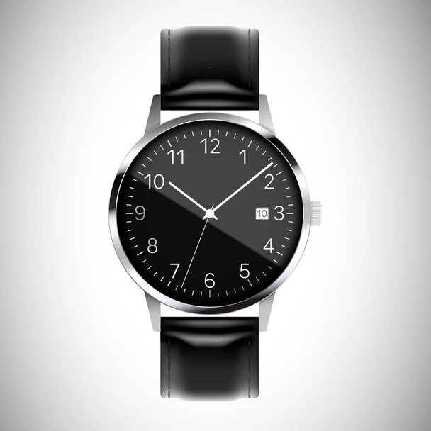 Realistická ilustrace černých kovových zápěstových hodinek s reflexní ilustrací černých kovových zápěstových hodinek s odrazkami, bílými rukama, čísly a datem. Izolovaný na bílém vektoru - Vektor, obrázek