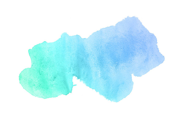 Abstract watercolor background image with a liquid splatter of aquarelle paint, isolated on white.Blue and turquoise pastel tones - Photo, Image