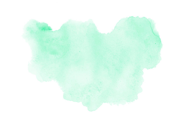 白に隔離されたアクアレル塗料の液体スプラッタを持つ抽象的な水彩の背景画像。ターコイズトーン - 写真・画像