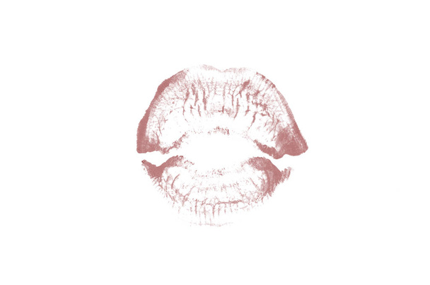 Marca de beijo de batom no fundo branco. Lábios lindos isolados. Cor vermelha escura
 - Foto, Imagem