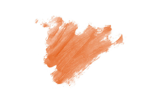 白い背景に分離された口紅やアクリル塗料のスミアとテクスチャ。リップグロスまたは液体マニキュアスウォッチ汚れサンプルのストローク。美容化粧品デザインのための要素。オレンジ色 - 写真・画像