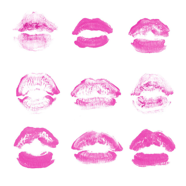 Γυναικεία χείλη κραγιόν φιλί σετ εκτύπωσης για την ημέρα του Αγίου Βαλεντίνου απομονωθεί σε λευκό. Ροζ χρώμα - Φωτογραφία, εικόνα