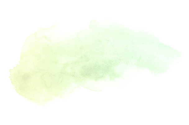 白に隔離されたアクアレル塗料の液体スプラッタを持つ抽象的な水彩の背景画像。緑と黄色のパステルトーン - 写真・画像