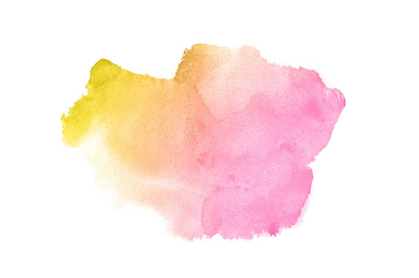 Abstract watercolor background image with a liquid splatter of aquarelle paint, isolated on white. Pink and yellow tones - Photo, Image