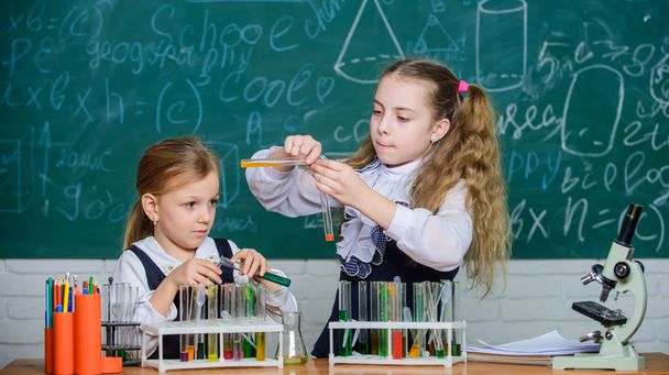 School equipment for laboratory. Girls on school chemistry lesson. School laboratory partners. Kids busy with experiment. Chemical analysis and observing reaction. Test tubes with colorful substances - Photo, image