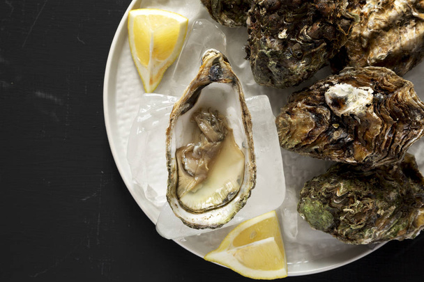 Fresh oysters on a plate over black background, top view. Overhe - Foto, afbeelding