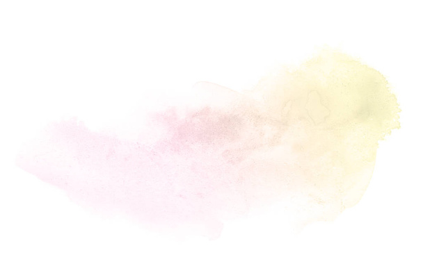 白に隔離されたアクアレル塗料の液体スプラッタを持つ抽象的な水彩の背景画像。ピンクとイエローのトーン - 写真・画像