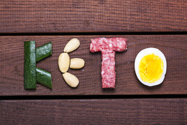 Ernährung, Keto-Wort auf Holz-Hintergrund - Foto, Bild