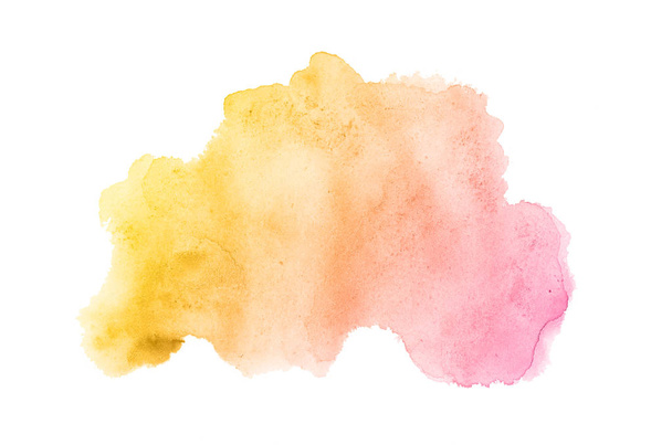 Abstract watercolor background image with a liquid splatter of aquarelle paint, isolated on white. Pink and yellow tones - Photo, image