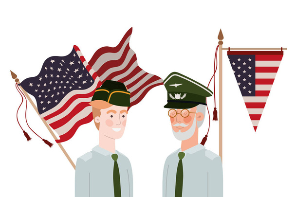 uomini soldati di guerra con bandiera degli Stati Uniti sfondo
 - Vettoriali, immagini