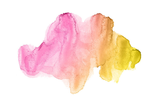 Abstrakcja akwarela obraz tła z ciekłym bryzg farby Aquarelle, izolowane na białym tle. Odcienie różu i żółtego - Zdjęcie, obraz