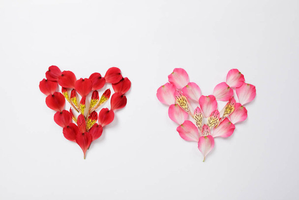 The heart shapes made from red and pink petals of flowers of Alstroemeria  - Foto, Bild