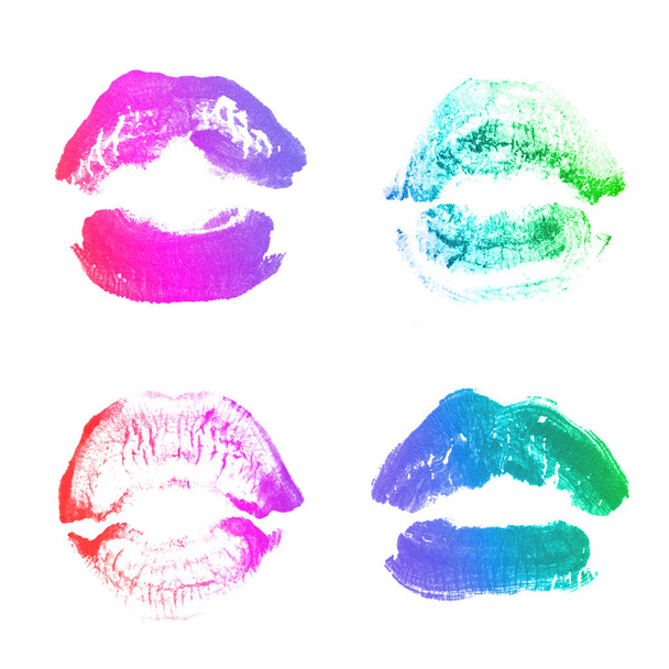 Labios femeninos beso lápiz labial conjunto de impresión para el día de San Valentín aislado en blanco. Color del arco iris
 - Foto, imagen