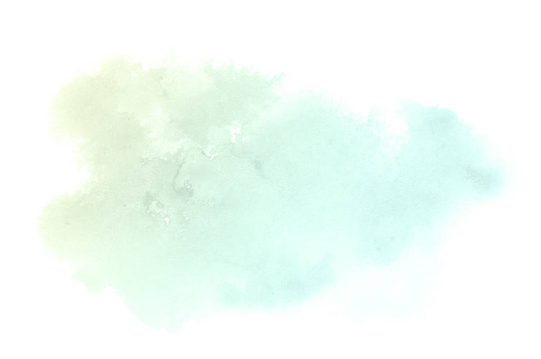 白に隔離されたアクアレル塗料の液体スプラッタを持つ抽象的な水彩の背景画像。緑と黄色のパステルトーン - 写真・画像