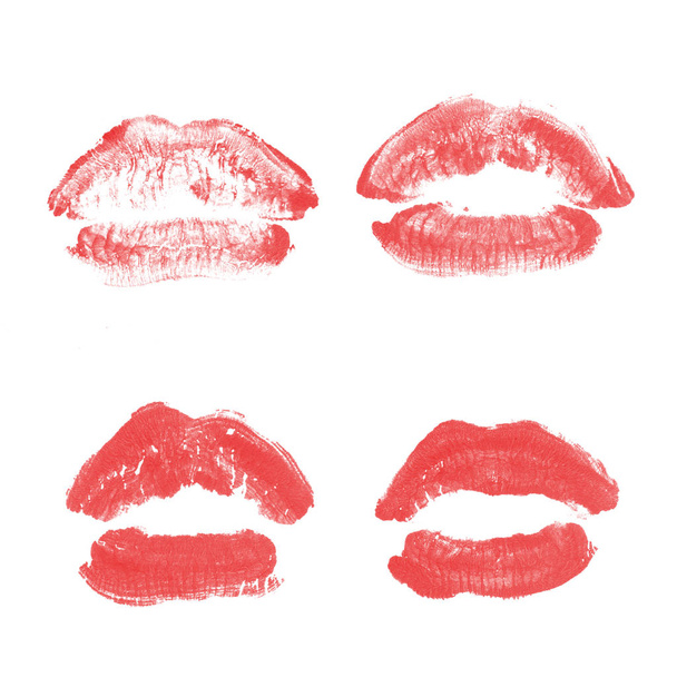 Female lips lipstick kiss print set for valentine day isolated on white. Red color - Photo, Image