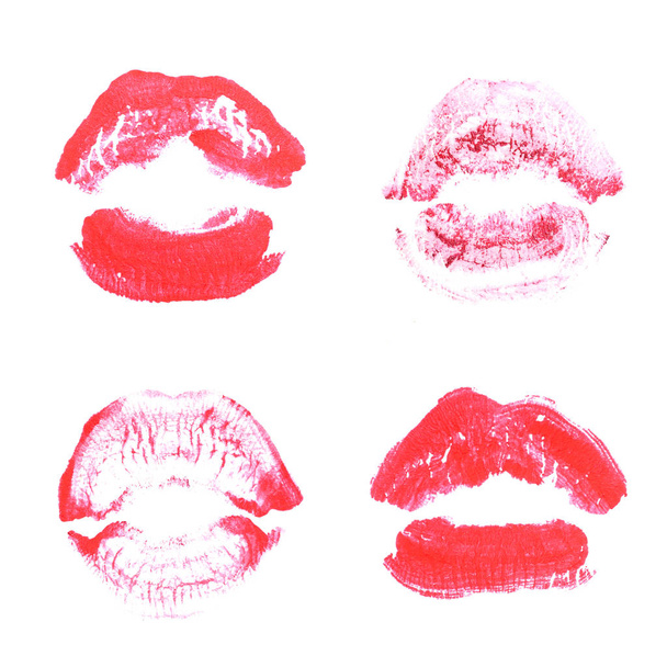 Női ajkak rúzs csók nyomtatni beállított Valentin nap izolált fehér. Bíbor szín - Fotó, kép