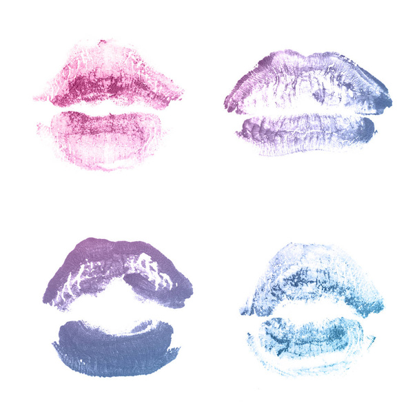 Rouge à lèvres femme baiser imprimé pour la Saint-Valentin isolé sur blanc. Couleur bleue violette
 - Photo, image