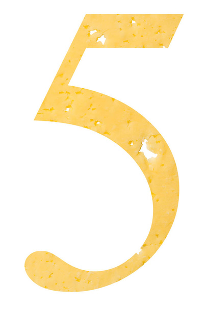The figure "5" of cheese with holes on a white isolated background, a symbol of proper nutrition and education. - Φωτογραφία, εικόνα