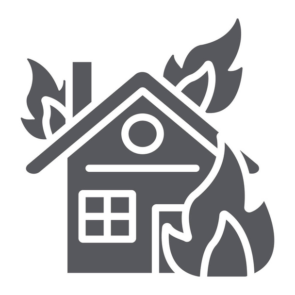 Ikona na glyfu na ohni, popálený a Nehodový, hořící domovský znak, vektorová grafika, pevný vzorek na bílém pozadí. - Vektor, obrázek