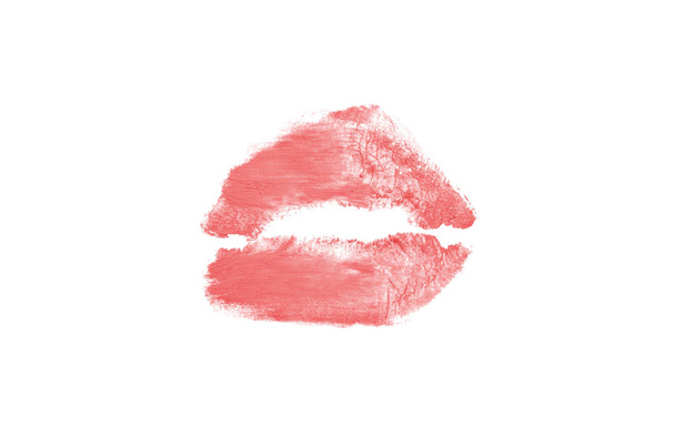 Lipstick kiss mark on white background. Beautiful lips isolated. - Photo, Image