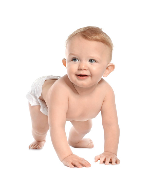 Cute little baby crawling on white background - Photo, Image