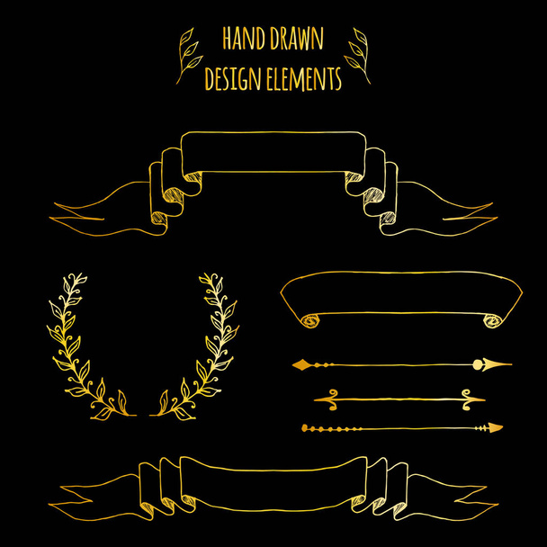 Set of gold handdrawn vintage elements. Ribbons, arrows, laurel wreath, page deviders. Vector illustration for bullet journal, notepad, memobook, scrapbooking, invitations, weddings - Vektor, obrázek