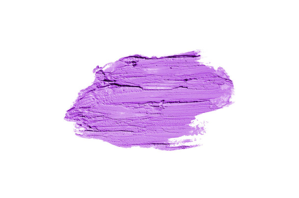 白い背景に分離された口紅やアクリル塗料のスミアとテクスチャ。リップグロスまたは液体マニキュアスウォッチ汚れサンプルのストローク。美容化粧品デザインのための要素。紫色 - 写真・画像