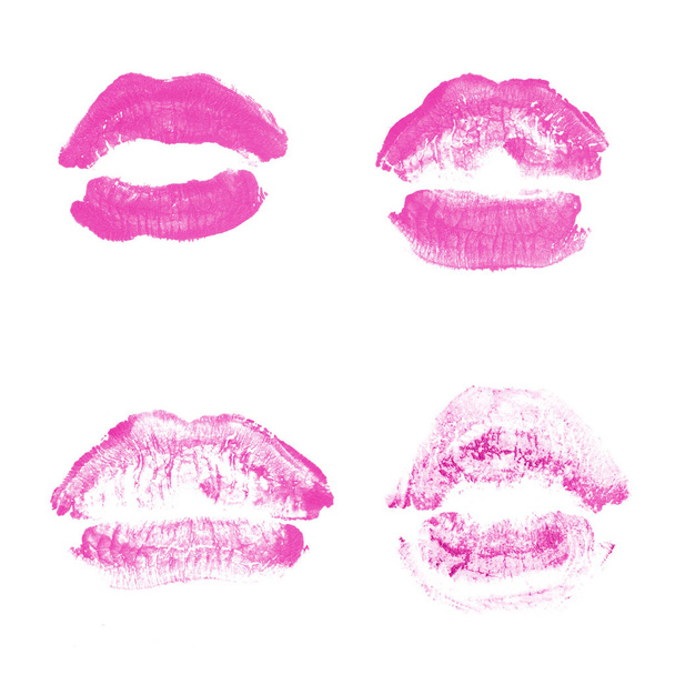 Lábios femininos batom beijo imprimir definido para dia dos namorados isolado no branco. Cor rosa
 - Foto, Imagem